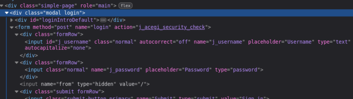 Jenkins login page source showing j_acegi_security_check and j_password field names